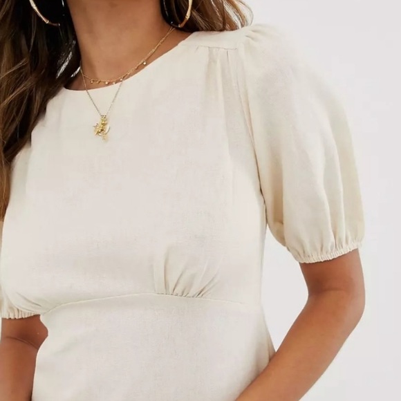 Asos Design Linen Mini Dress With Puff Sleeves - Picture 3 of 9
